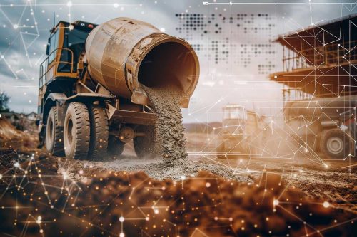 A large construction vehicle is pouring cement into a hole. Concept of progress and hard work, as the cement is being used to build something new. The use of technology