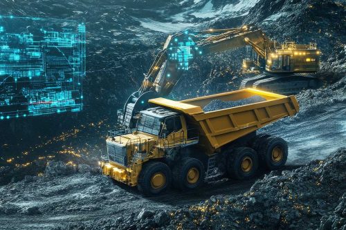 A large construction vehicle is pouring cement into a hole. Concept of progress and hard work, as the cement is being used to build something new. The use of technology