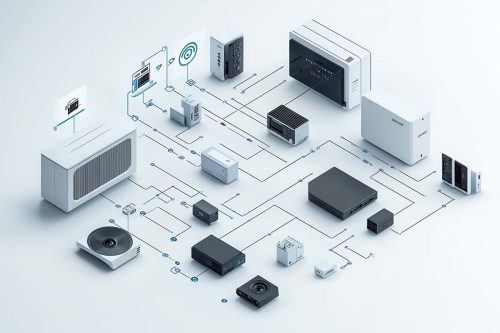 A 3D diagram illustrating a connected network of various smart home IoT devices, showing integration for automation, security, and control systems.